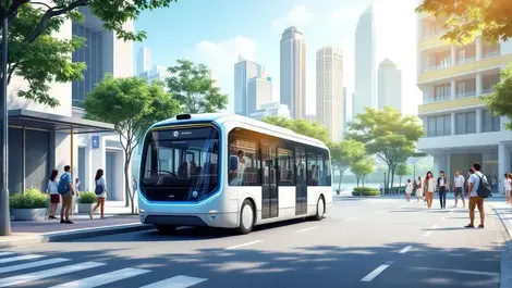 Self driving shuttle singapore street skyline tropical greenery