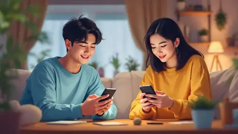 Young asians playing smartphone rpg games cozy indoor editorial